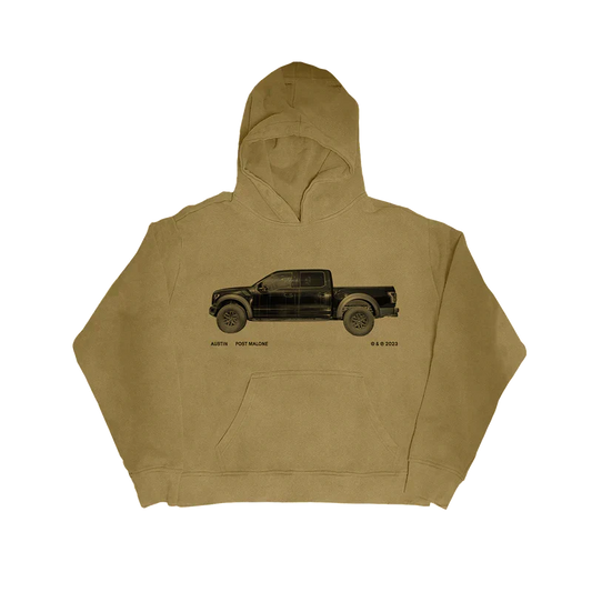 Olive khaki Post Malone truck graphic streetwear hoodie with a black pickup truck print on the chest