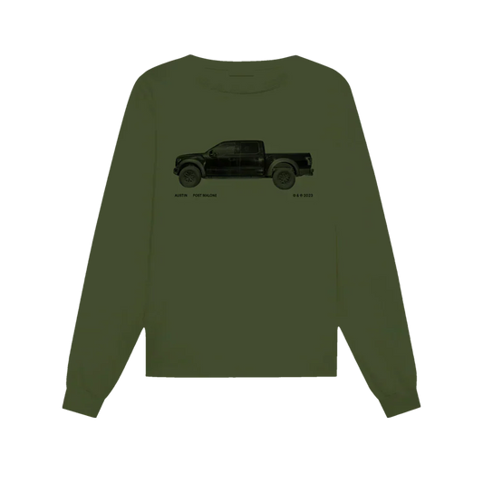 Olive green Post Malone truck tour long sleeve tee with a small black pickup truck graphic