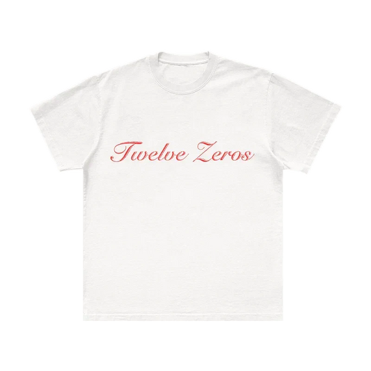 White Post Malone Twelve Zeros tee with pink script Twelve Zeros lettering across the chest