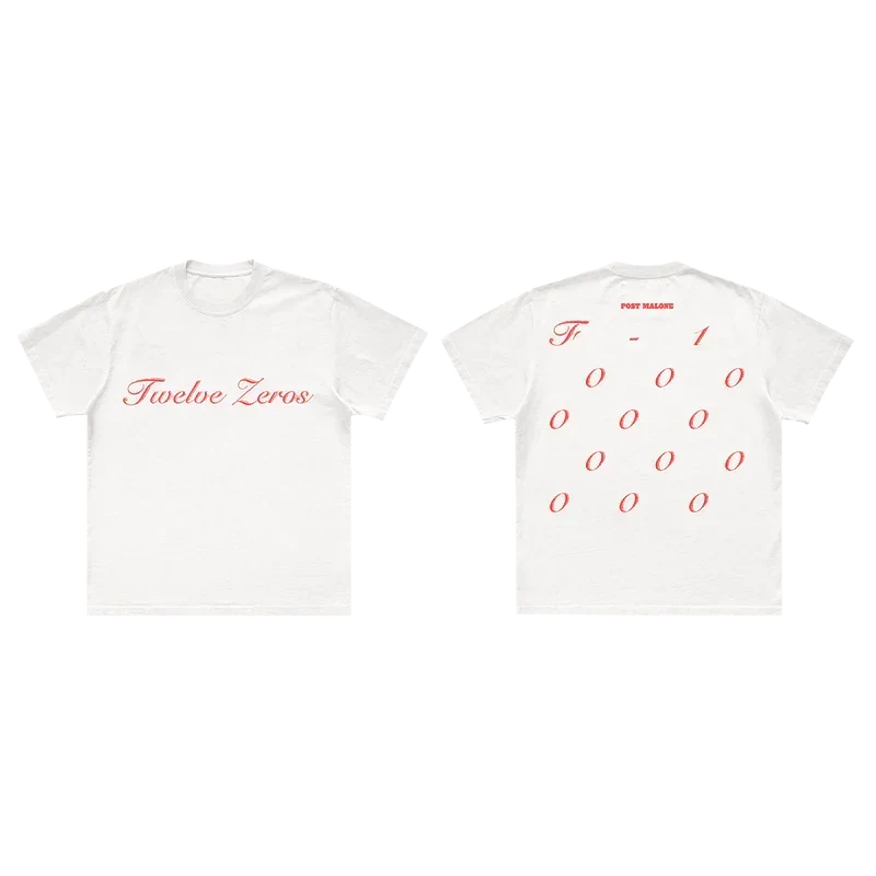 White Post Malone Twelve Zeros tee shown front and back with pink script and stacked zero prints