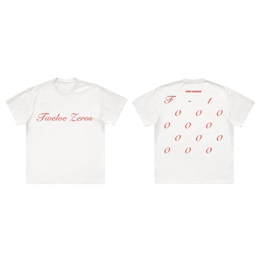 White Post Malone Twelve Zeros tee shown front and back with pink script and stacked zero prints