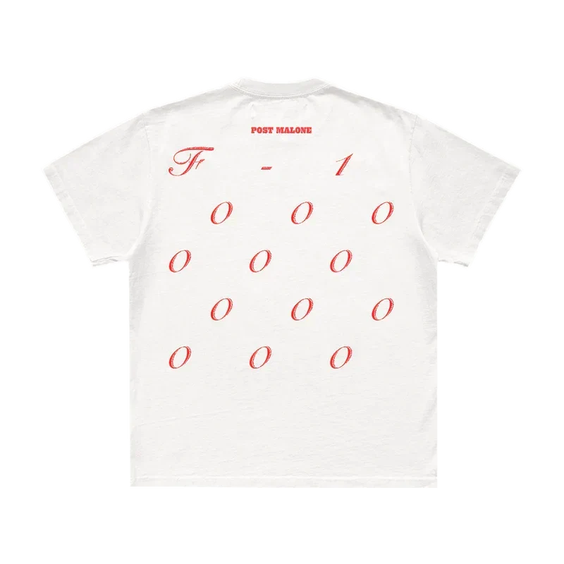 White Post Malone Twelve Zeros tee back with red stacked F-1 zeros lettering below the collar