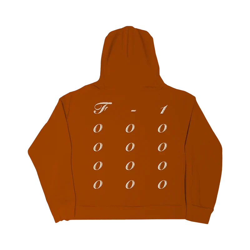 Rust orange Post Malone Twelve Zeros hoodie back with cream stacked F-1 zeros lettering printed large