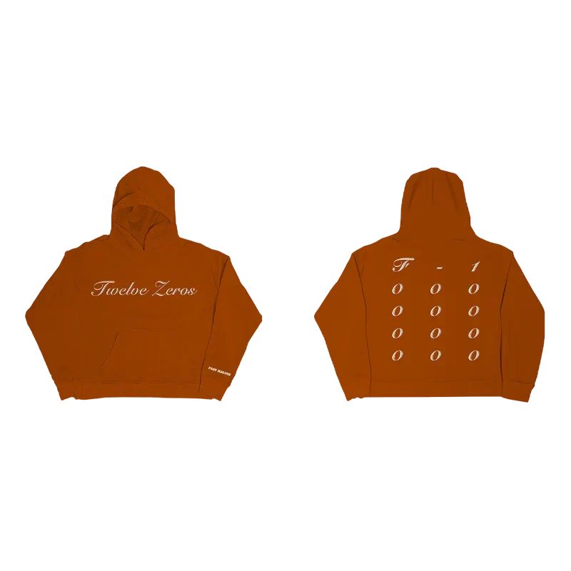 Rust orange Post Malone Twelve Zeros hoodie shown front and back with script and stacked zero prints