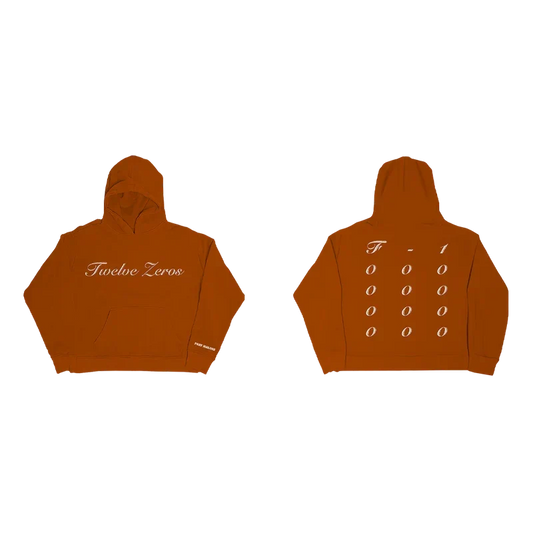Rust orange Post Malone Twelve Zeros hoodie shown front and back with script and stacked zero prints