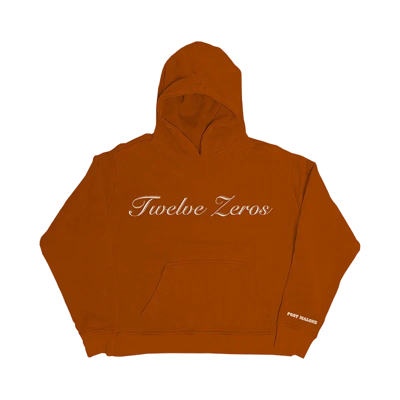 Rust orange Post Malone Twelve Zeros hoodie with cream script lettering across the chest front