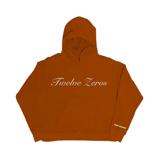 Rust orange Post Malone Twelve Zeros hoodie with cream script lettering across the chest front
