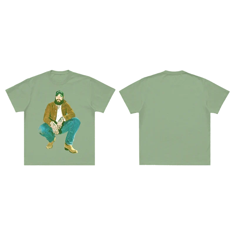 Sage green Post Malone vintage photo tee shown front and back with a crouching portrait graphic