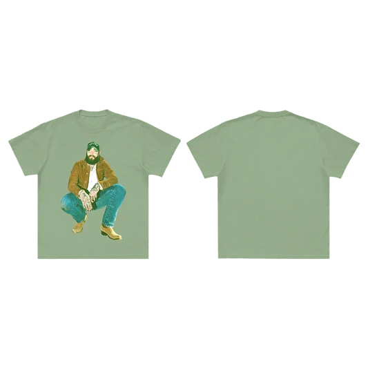 Sage green Post Malone vintage photo tee shown front and back with a crouching portrait graphic
