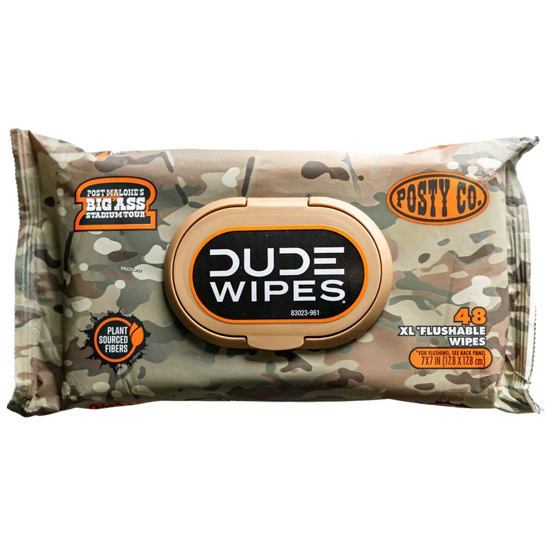 Camo Posty Co Dude Wipes 3 pack by Post Malone with Big Ass Stadium Tour branding on the packaging