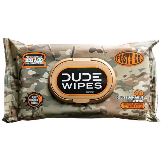 Camo Posty Co Dude Wipes 3 pack by Post Malone with Big Ass Stadium Tour branding on the packaging
