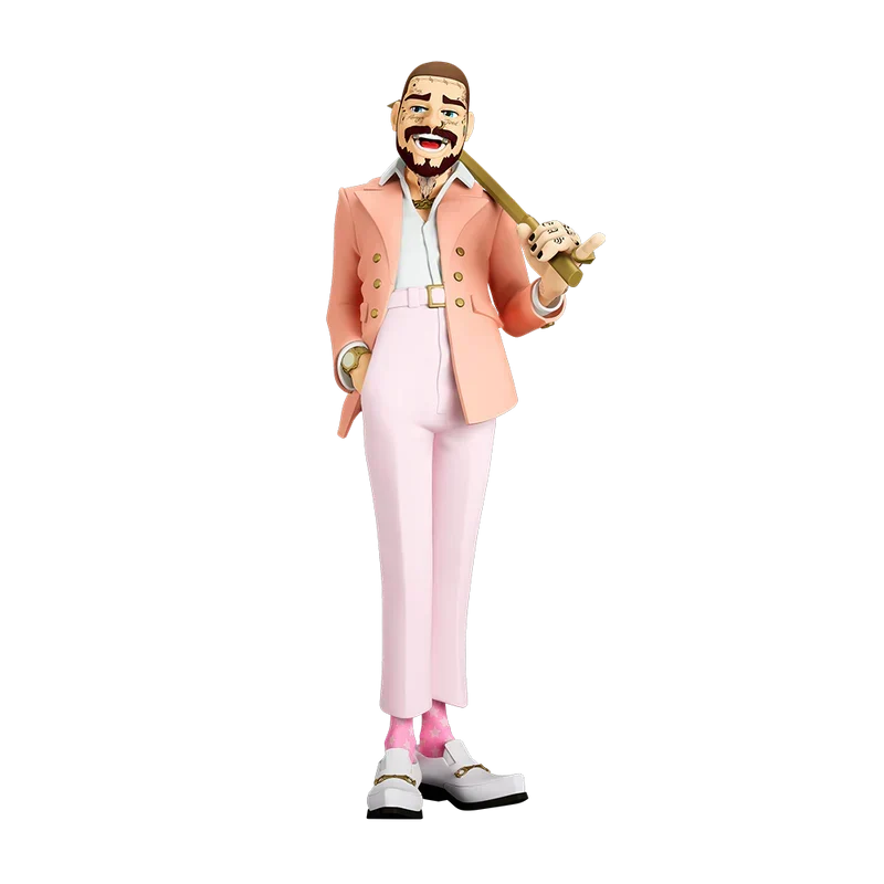 The Legend of Malone collectible Post Malone statue in a peach blazer and pink trousers, front view