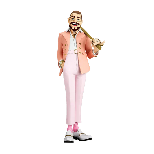The Legend of Malone collectible Post Malone statue in a peach blazer and pink trousers, front view