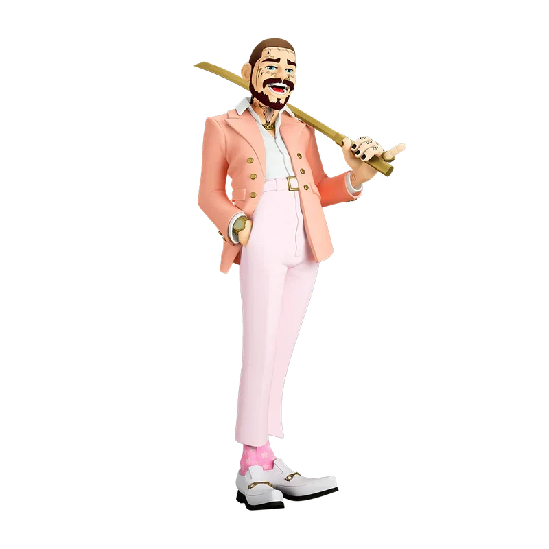 Side view of The Legend of Malone Post Malone statue holding a gold staff over his shoulder