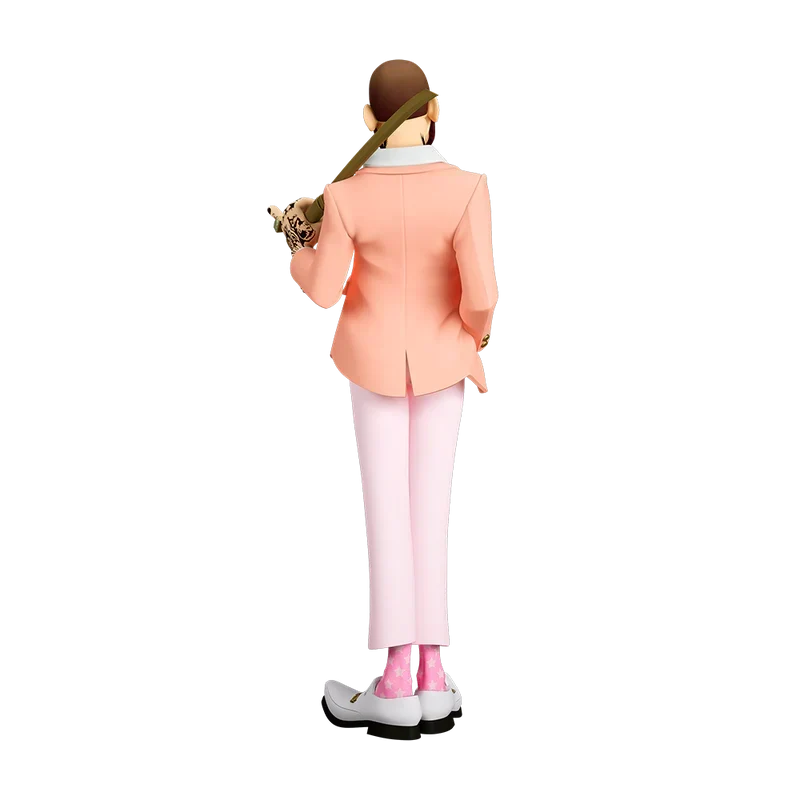 Back view of The Legend of Malone Post Malone collectible statue in a peach blazer and pink suit