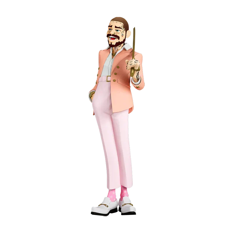 The Legend of Malone Post Malone collectible statue unmasked in a peach blazer and pink trousers